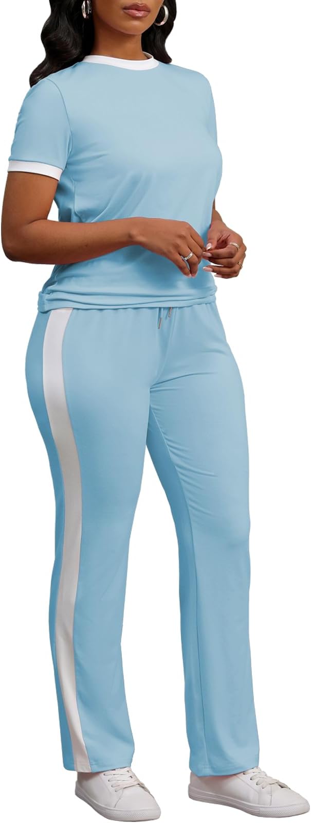 PINSV Women's 2 Piece Outfits Short Sleeve Tops Sweatpants Colorblock Bodycon Lounge Sets Tracksuit