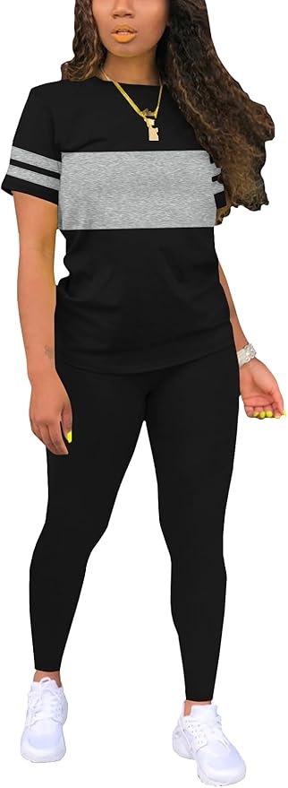 Two Piece Sets for Women Summer Short Sleeve Striped Crewneck Slim Fit Active Casual Sweatsuits
