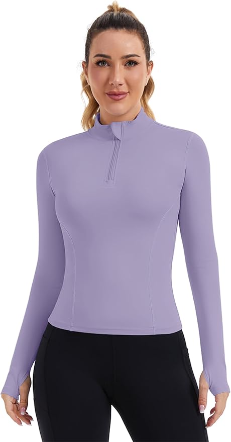 ZHENWEI Womens Workout Tops Long Sleeve Quarter Zip Pullover Quick Dry Golf Shirt Athletic Slim Fit Crop Yoga Gym Tops