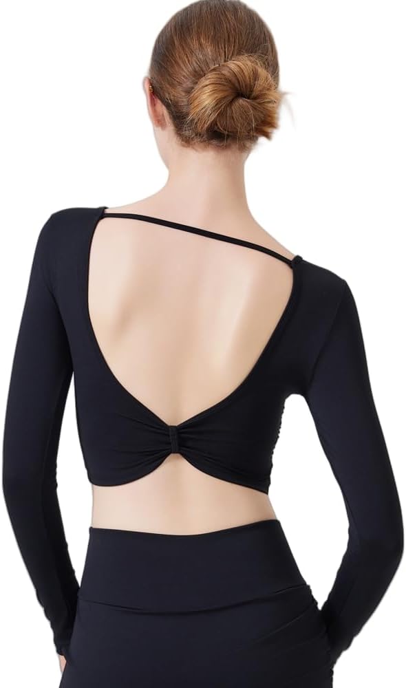 Harssidanzar Women's Backless Yoga Tops 2 in 1 Long Sleeve with Sports Bra for Gym Athletic CL313US