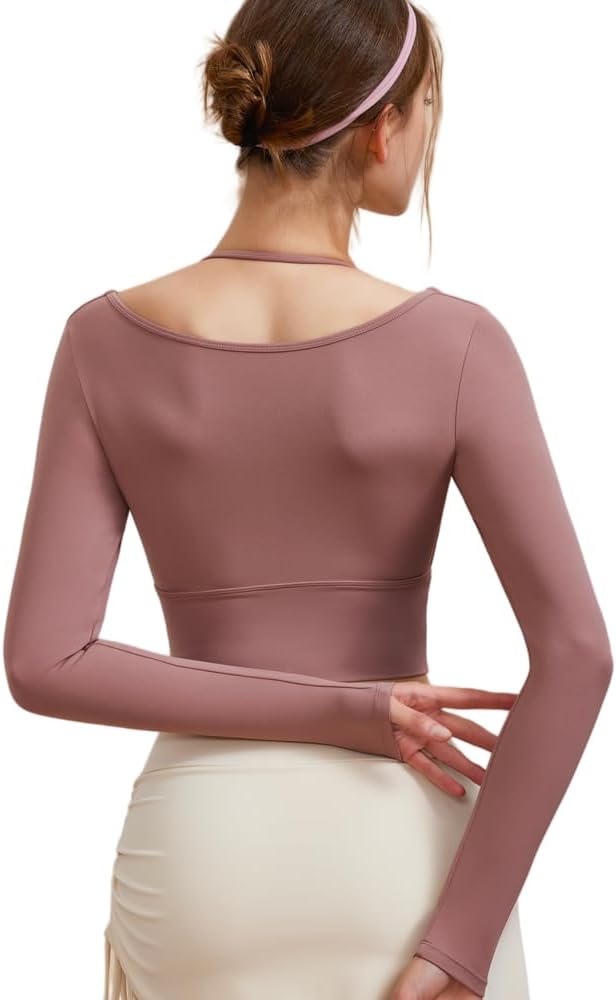 Harssidanzar Women's Yoga Workout Tops 2 in 1 Sports Bra for Gym Athletic Casual Long Sleeve CL312US