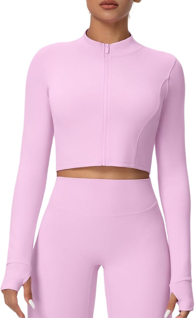 Yknktstc Womens Full Zip Athletic Jacket with Thumbhole Long Sleeve Crop Top Running Workout Yoga Sportswear Shirt