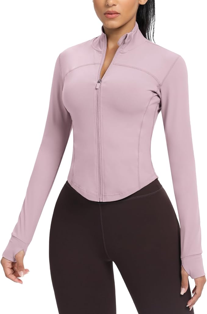 AVGO Women's Cropped Running Workout Jackets Zip Slim Fit Athletic Tops with Thumb Holes