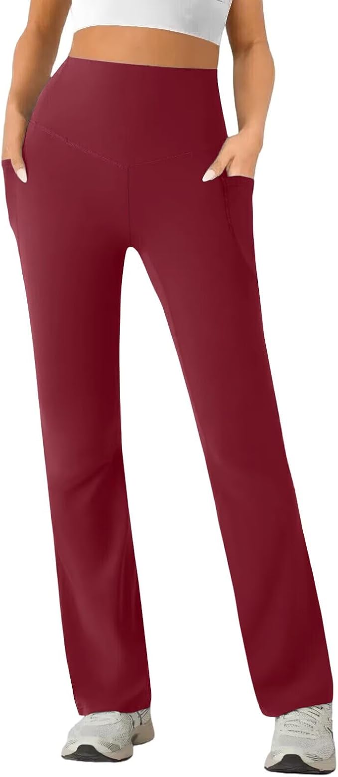 Womens High Waist Yoga Pants Stretchy Casual Trousers Straight Leg Pull On Side Pockets