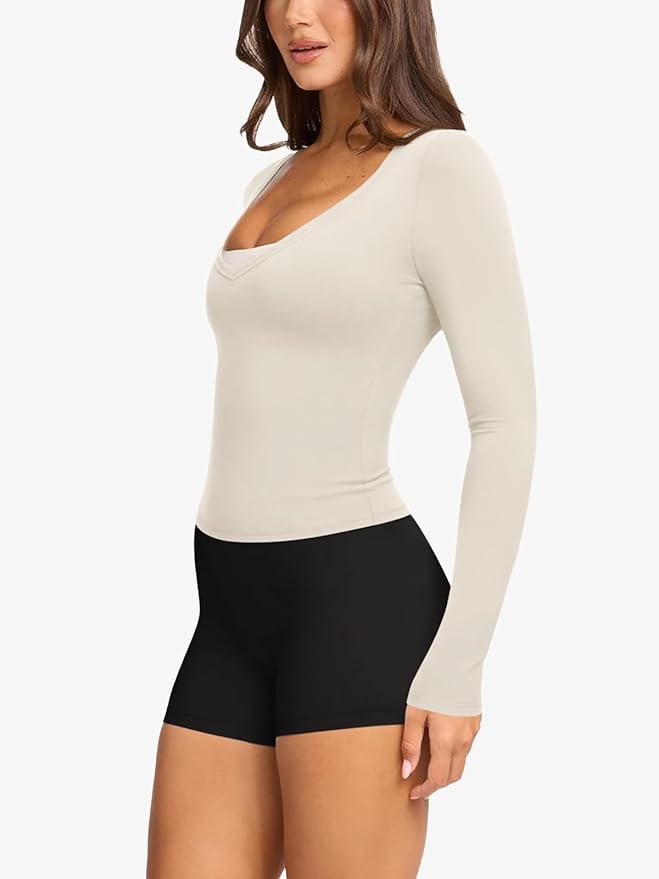 LASLULU Womens Long Sleeve Sexy V Neck T Shirts Basic Workout Tops Athletic Yoga Casual Crop Top