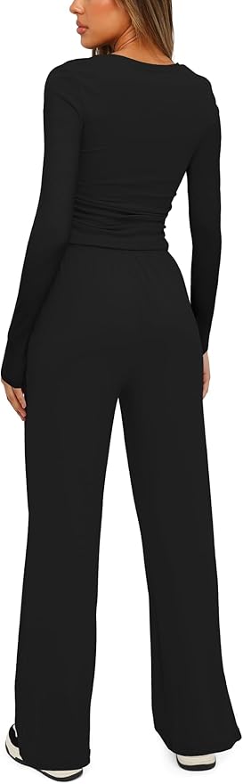 Darong Women's 2 Piece Outfits Lounge Sets 2026 Long Sleeve Tops Wide Leg Pants Casual Matching Set