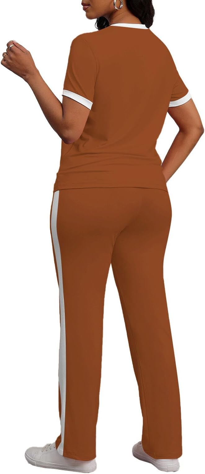 PINSV Women's 2 Piece Outfits Short Sleeve Tops Sweatpants Colorblock Bodycon Lounge Sets Tracksuit