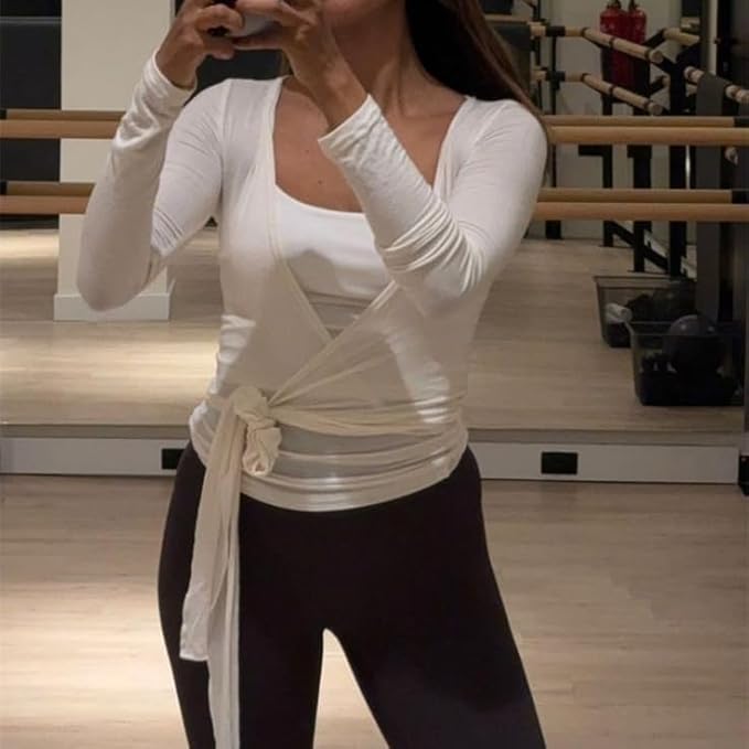 Women Wrap Top Long Sleeve Deep V Neck Cross Tie Workout Ballet Pilates Yoga Shirt