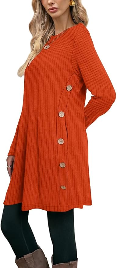 Poetsky Women Long Sleeve Tunic Tops to Wear with Leggings Side Buttons Long Shirts Rib Sweater Dress with Pockets S-3XL