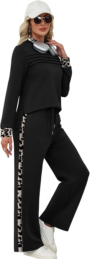 WIHOLL Two Piece Sets for Women Spring Travel Vacation Outfits 2026 Long Sleeve Lounge Sets Side Slit Wide Leg Pants S-3XL