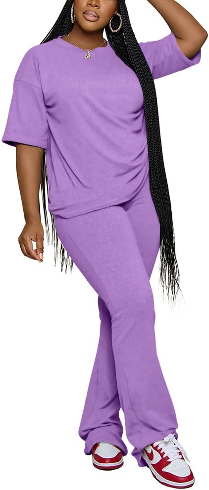 PINSV Women 2 Piece Outfits Short Sleeve Top and Flare Pants Lounge Sets Tracksuit