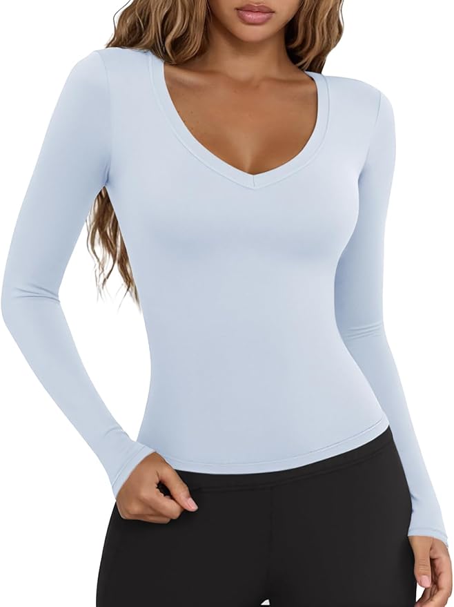 LASLULU Womens Long Sleeve Sexy V Neck T Shirts Basic Workout Tops Athletic Yoga Casual Crop Top