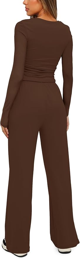 Darong Women's 2 Piece Outfits Lounge Sets 2026 Long Sleeve Tops Wide Leg Pants Casual Matching Set