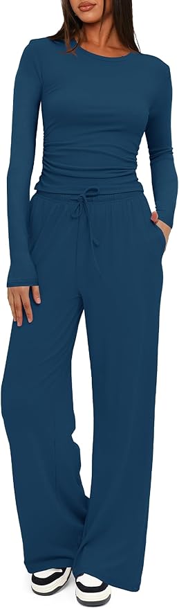 Darong Women's 2 Piece Outfits Lounge Sets 2026 Long Sleeve Tops Wide Leg Pants Casual Matching Set