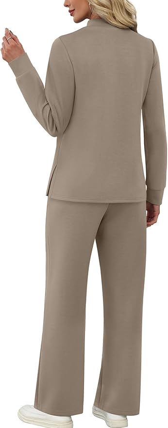 WIHOLL Two Piece Sets for Women Spring Travel Vacation Outfits 2026 Long Sleeve Lounge Sets Side Slit Wide Leg Pants S-3XL
