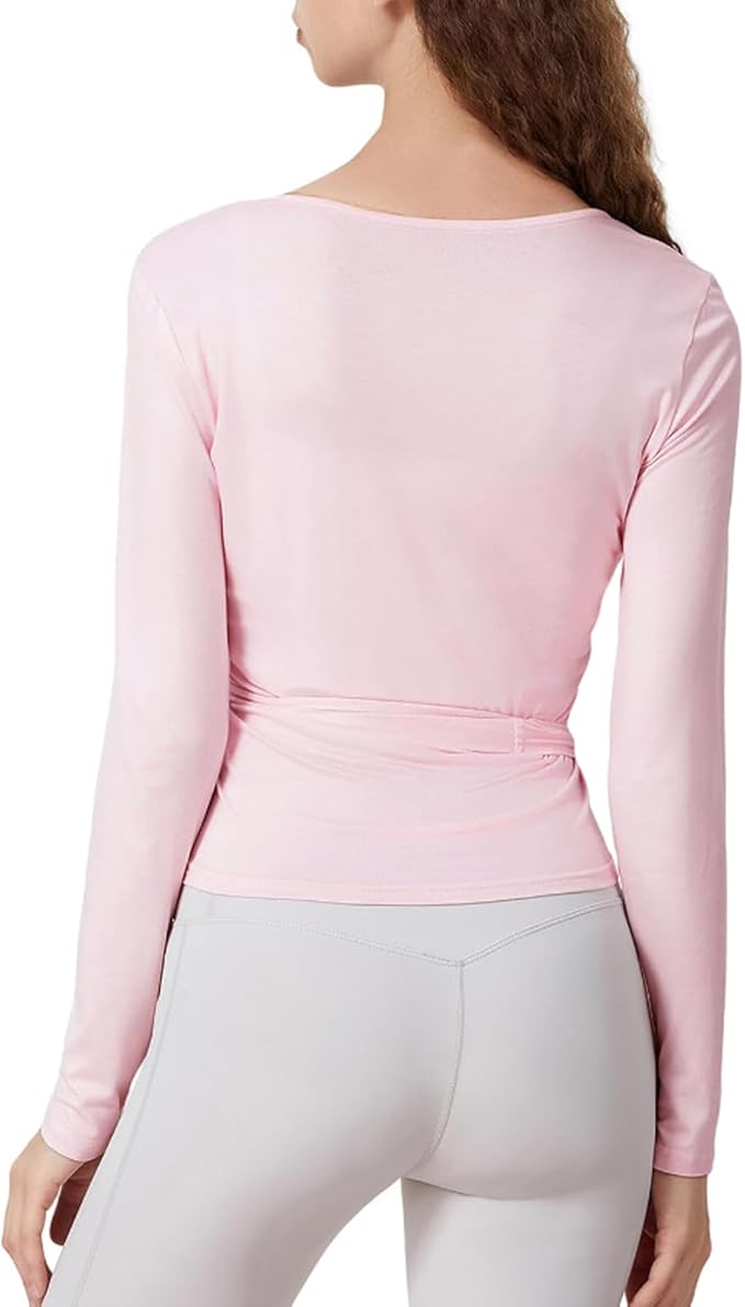 Women Ballet Wrap Top Long Sleeve Self Tie Dance Shirt Pilates Yoga Tops Y2k Workout Active Blouses