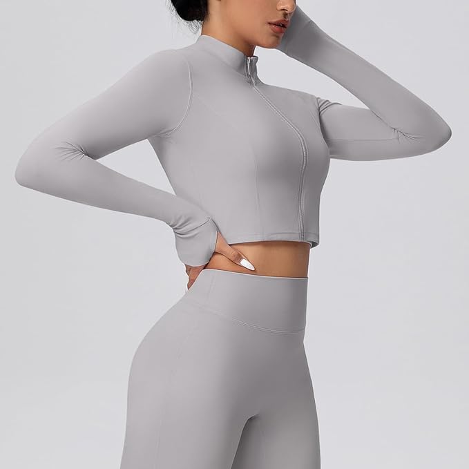 Yknktstc Womens Full Zip Athletic Jacket with Thumbhole Long Sleeve Crop Top Running Workout Yoga Sportswear Shirt