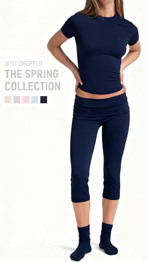 YETOWA Womens 2 Piece Workout Sets High Waisted Tummy Control Crop Top Capri Leggings Stretchy Soft Activewear