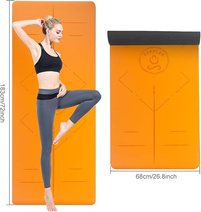 Natural Rubber Yoga Mat - Non Slip Non Toxic - 5mm Thick Yoga Mat for Hot Yoga/Pilates - Extra Large 26.8’’ with Alignment Guide - Sweat Proof - with Carrying Bag