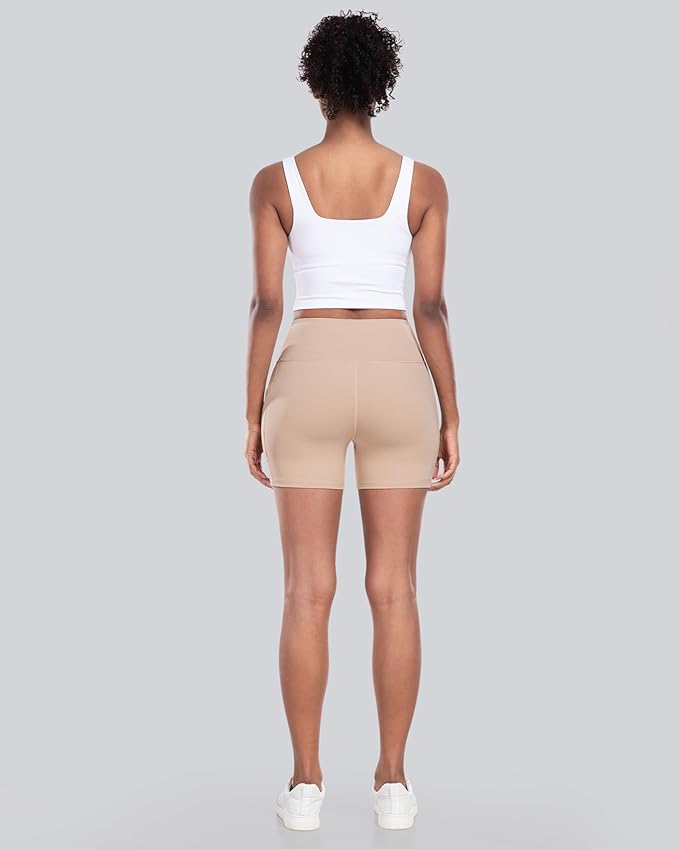 CHRLEISURE Womens Biker Yoga Shorts with Pocket, High Waisted Tummy Control 5 Inch Workout Spandex Athletic Gym Shorts