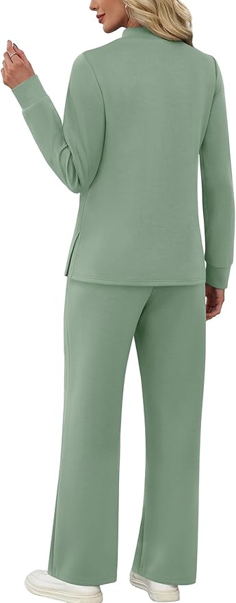 WIHOLL Two Piece Sets for Women Spring Travel Vacation Outfits 2026 Long Sleeve Lounge Sets Side Slit Wide Leg Pants S-3XL