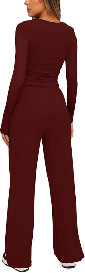 Darong Women's 2 Piece Outfits Lounge Sets 2026 Long Sleeve Tops Wide Leg Pants Casual Matching Set