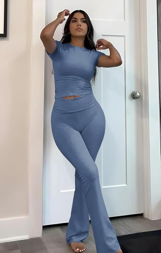 YETOWA Women's 2 Piece Lounge Outfits Slim Short Sleeve Tops Low Rise Flare Leggings Sets Yoga Sweatsuit