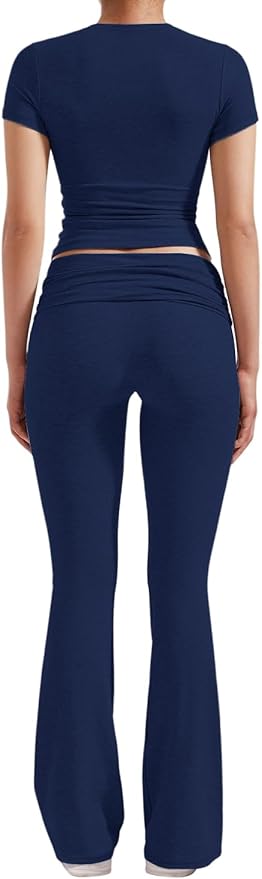 YETOWA Women's 2 Piece Lounge Outfits Slim Short Sleeve Tops Low Rise Flare Leggings Sets Yoga Sweatsuit