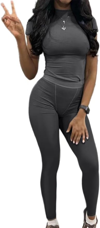AYWA Two Piece Outfits for Women Fitted Crew Neck T-shirt High Waist Leggings Biker Shorts Matching Sets Streetwear