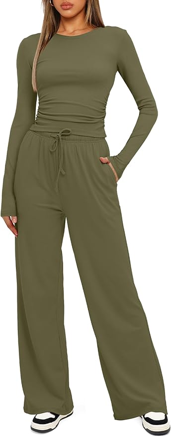 Darong Women's 2 Piece Outfits Lounge Sets 2026 Long Sleeve Tops Wide Leg Pants Casual Matching Set