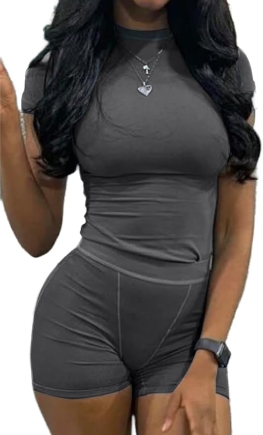 AYWA Two Piece Outfits for Women Fitted Crew Neck T-shirt High Waist Leggings Biker Shorts Matching Sets Streetwear