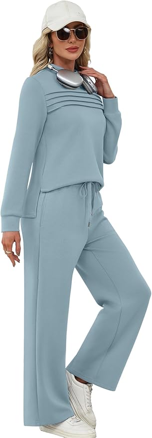 WIHOLL Two Piece Sets for Women Spring Travel Vacation Outfits 2026 Long Sleeve Lounge Sets Side Slit Wide Leg Pants S-3XL