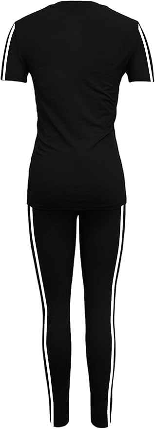 Women's 2 Piece Outfits Sweatsuit Summer Workout Striped Short Sleeve Long Sweatpants Casual Jogging Lounge Set