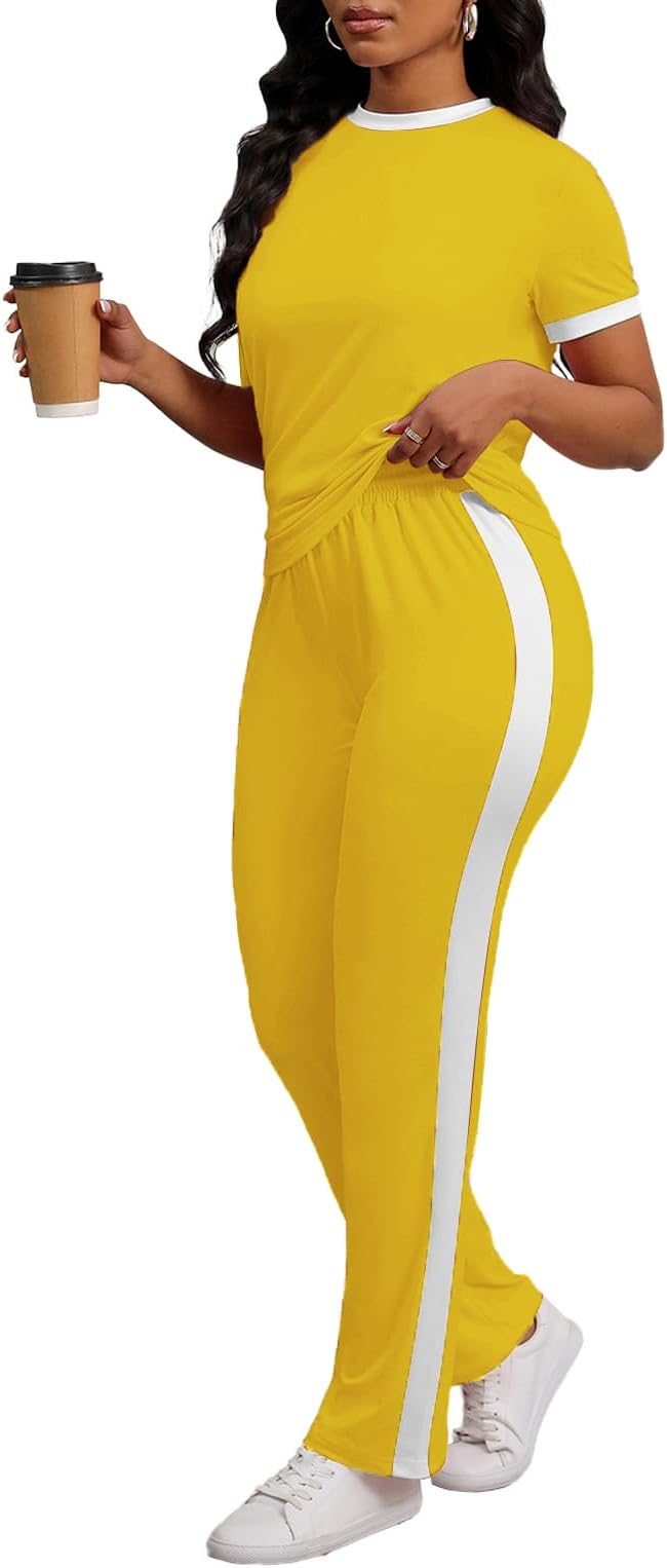 PINSV Women's 2 Piece Outfits Short Sleeve Tops Sweatpants Colorblock Bodycon Lounge Sets Tracksuit