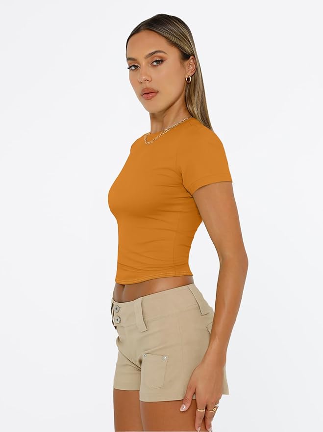 Trendy Queen Womens Short Sleeve T Shirts - Buttery Soft Summer Crop Tops Slim Fit Y2k Basic Tees for Workout