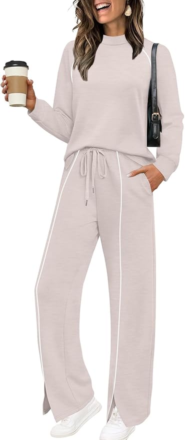 WIHOLL Lounge Sets for Women 2 Piece Fall Outfits 2025 Wide Leg Pant Matching Sets Womens Clothing
