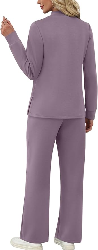 WIHOLL Two Piece Sets for Women Spring Travel Vacation Outfits 2026 Long Sleeve Lounge Sets Side Slit Wide Leg Pants S-3XL