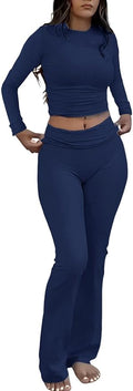 ZFLM Casual Workout Two Piece Outfits Long Sleeve High Waist Fold-Over Flared Leggings Pants Tracksuit Sets Streetwear
