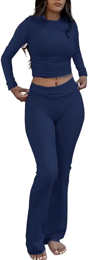 ZFLM Casual Workout Two Piece Outfits Long Sleeve High Waist Fold-Over Flared Leggings Pants Tracksuit Sets Streetwear