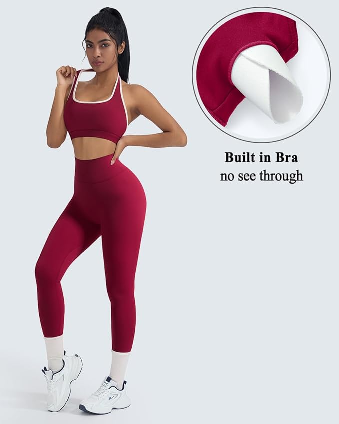 OMKAGI 2 Piece Workout Sets for Women Halter Sports Bras Gym Sets Booty Leggings Outfits