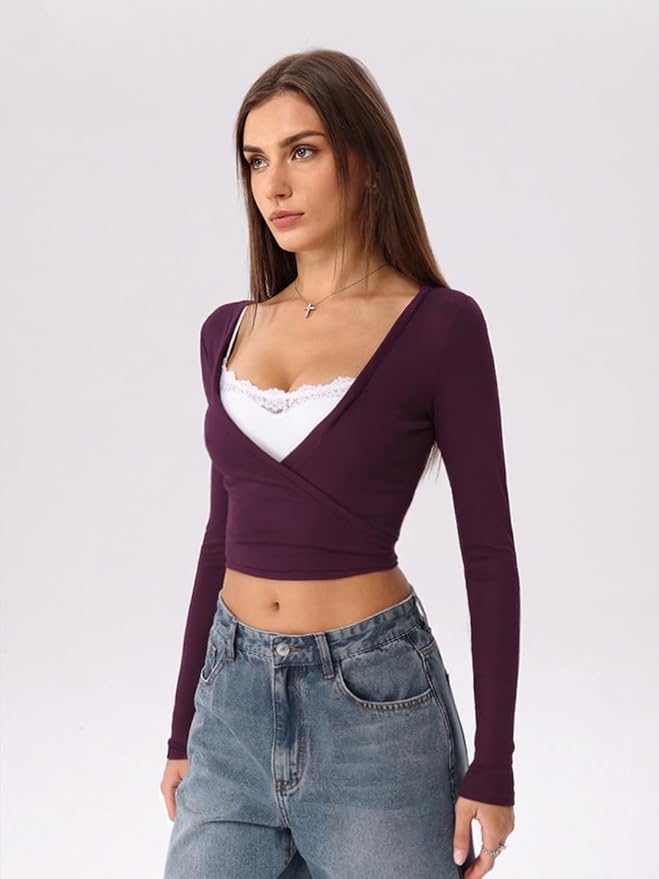 Danysu Ballet Wrap Tops Long Sleeve Cross Tie Crop Shirts Deep V-Neck Dance Clothes Fall Cardigans