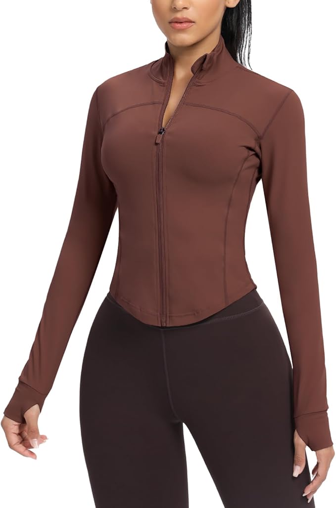 AVGO Women's Cropped Running Workout Jackets Zip Slim Fit Athletic Tops with Thumb Holes