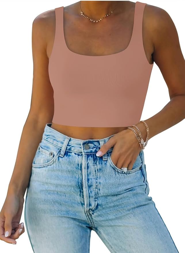 REORIA Women’s Sexy Square Neck Double Lined Seamless Sleeveless Cropped Tank Yoga Crop Basic Tops