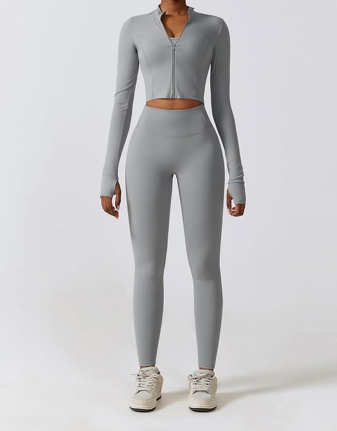 Yknktstc Womens Full Zip Athletic Jacket with Thumbhole Long Sleeve Crop Top Running Workout Yoga Sportswear Shirt