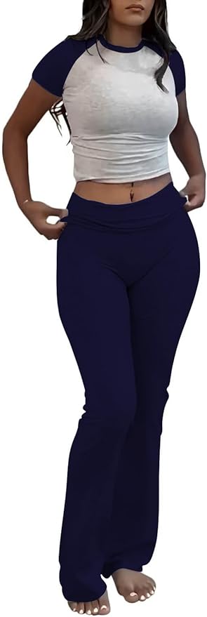 ZFLM Casual Workout Two Piece Outfits for Women Short Sleeve Crop High Waist Foldover Flare Pants Tracksuit Sets Streetwear