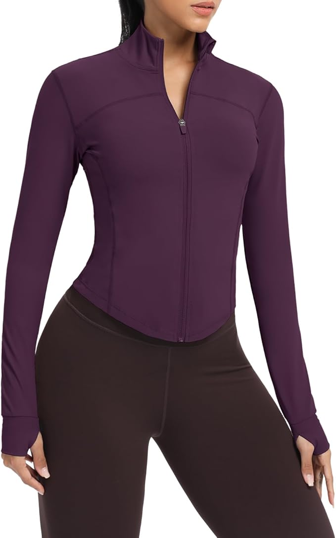 AVGO Women's Cropped Running Workout Jackets Zip Slim Fit Athletic Tops with Thumb Holes