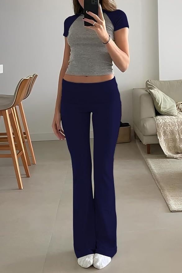 ZFLM Casual Workout Two Piece Outfits for Women Short Sleeve Crop High Waist Foldover Flare Pants Tracksuit Sets Streetwear