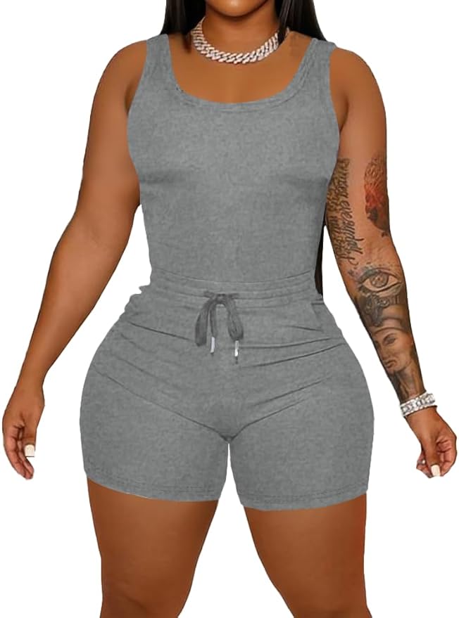 HBQ Women 2 Piece Outfits Sleeveless Tank Tops Biker Short Workout Jogger Sets Summer