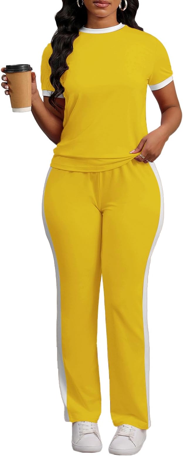 PINSV Women's 2 Piece Outfits Short Sleeve Tops Sweatpants Colorblock Bodycon Lounge Sets Tracksuit