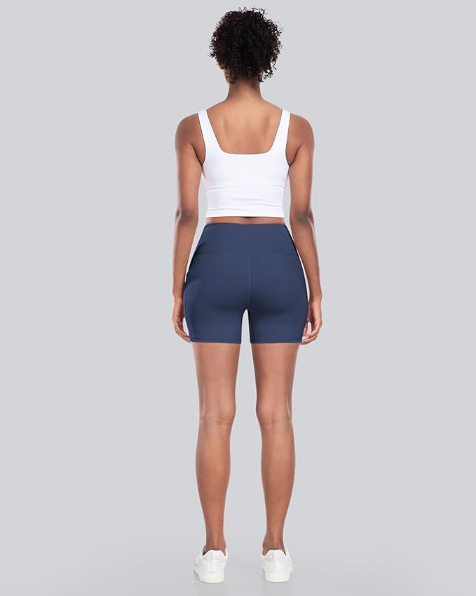 CHRLEISURE Womens Biker Yoga Shorts with Pocket, High Waisted Tummy Control 5 Inch Workout Spandex Athletic Gym Shorts